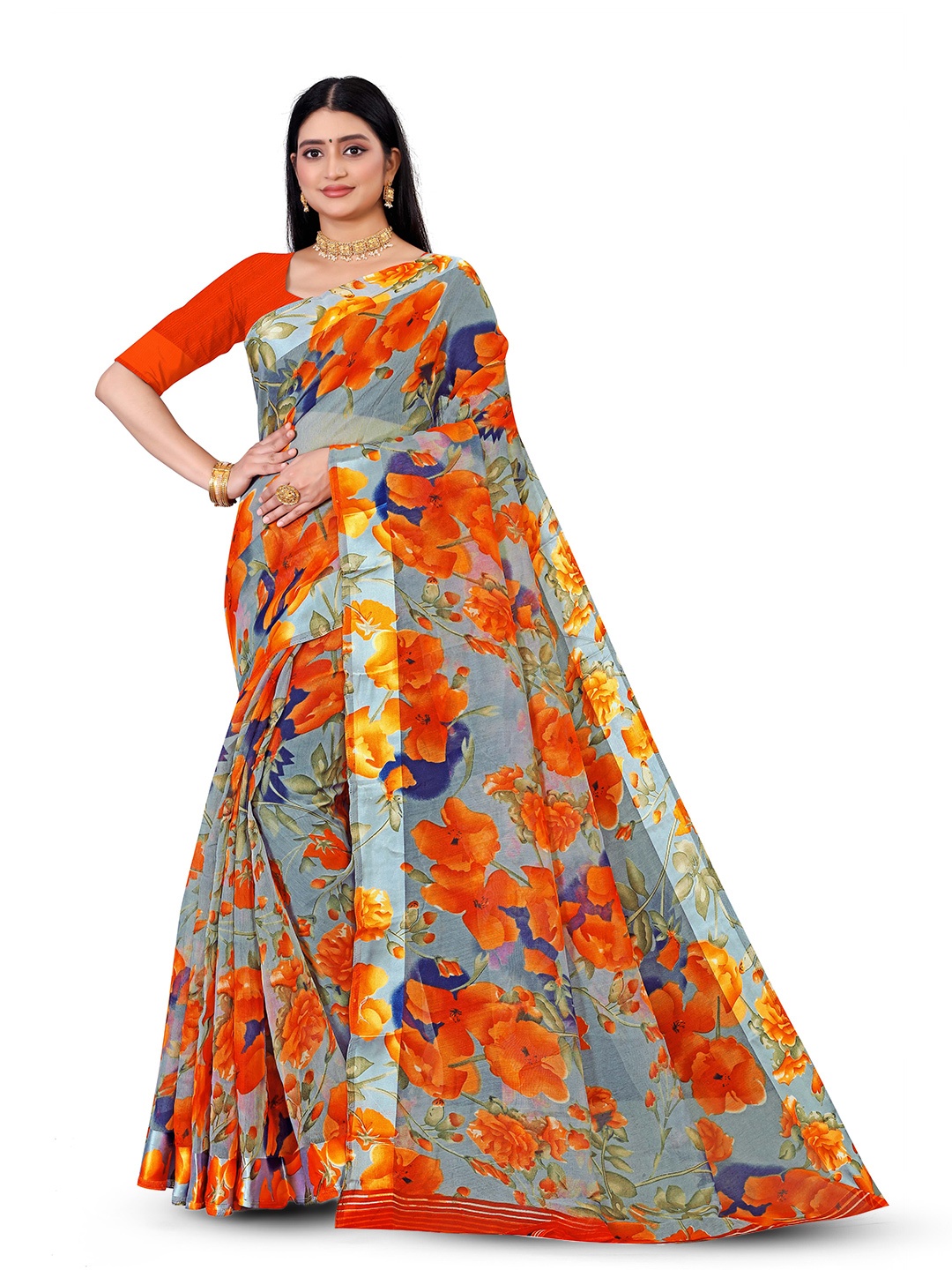 

RUNAYA NX Floral Printed Zari Silk Cotton Saree, Orange