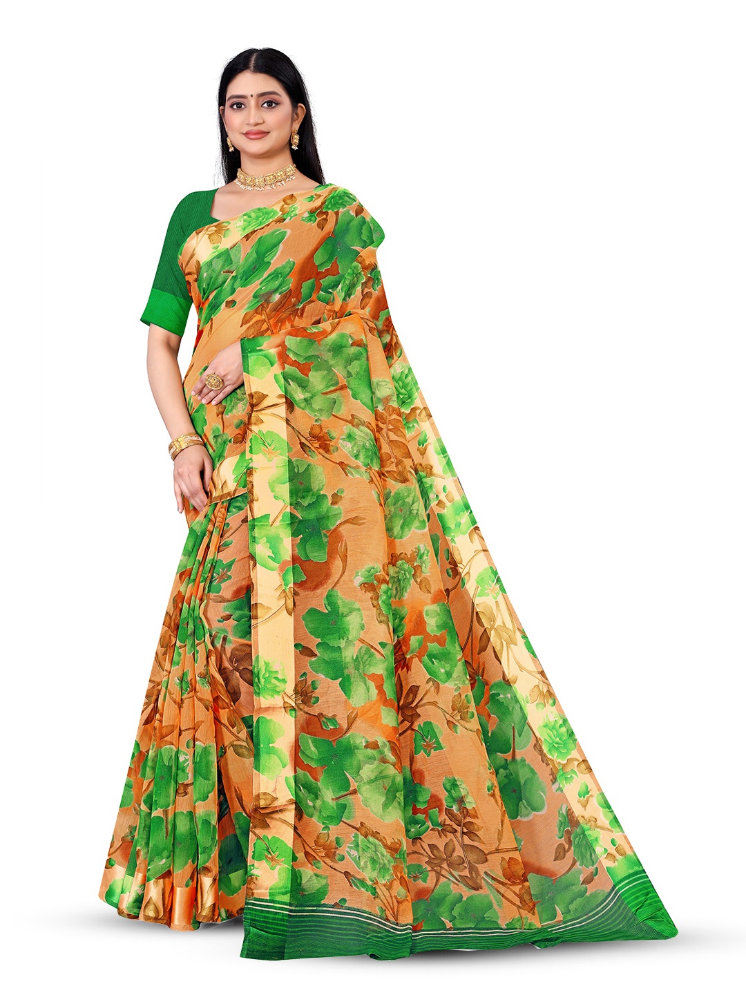 

RUNAYA NX Floral Printed Zari Silk Cotton Saree, Green