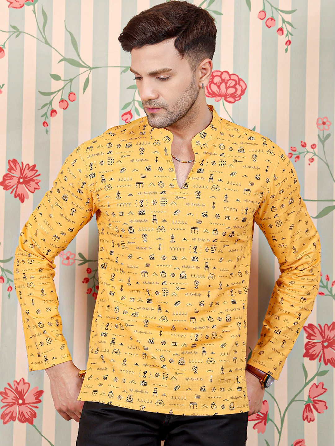 

Ode by House of Pataudi All Over Printed Pure Cotton Short Kurta, Mustard