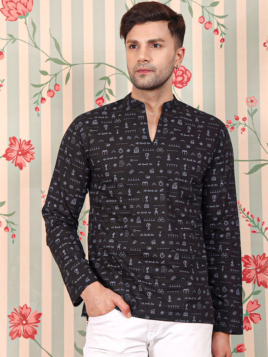 

Ode by House of Pataudi Men All Over Printed Pure Cotton Short Kurta, Black
