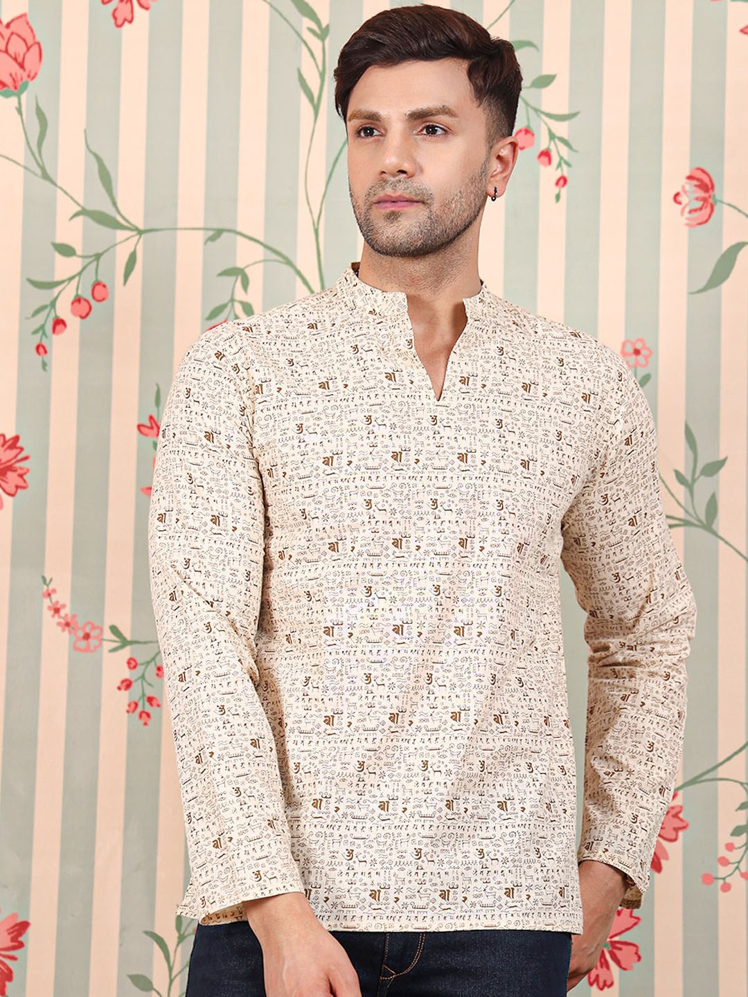 

Ode by House of Pataudi All Over Printed Pure Cotton Short Kurta, Beige