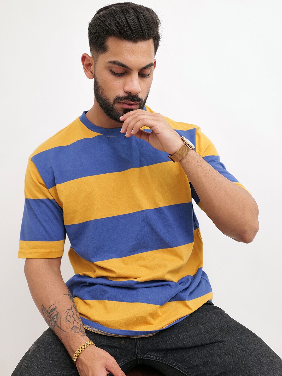 

Maniac Striped Round Neck Short Sleeves Cotton Oversized T-shirt, Mustard