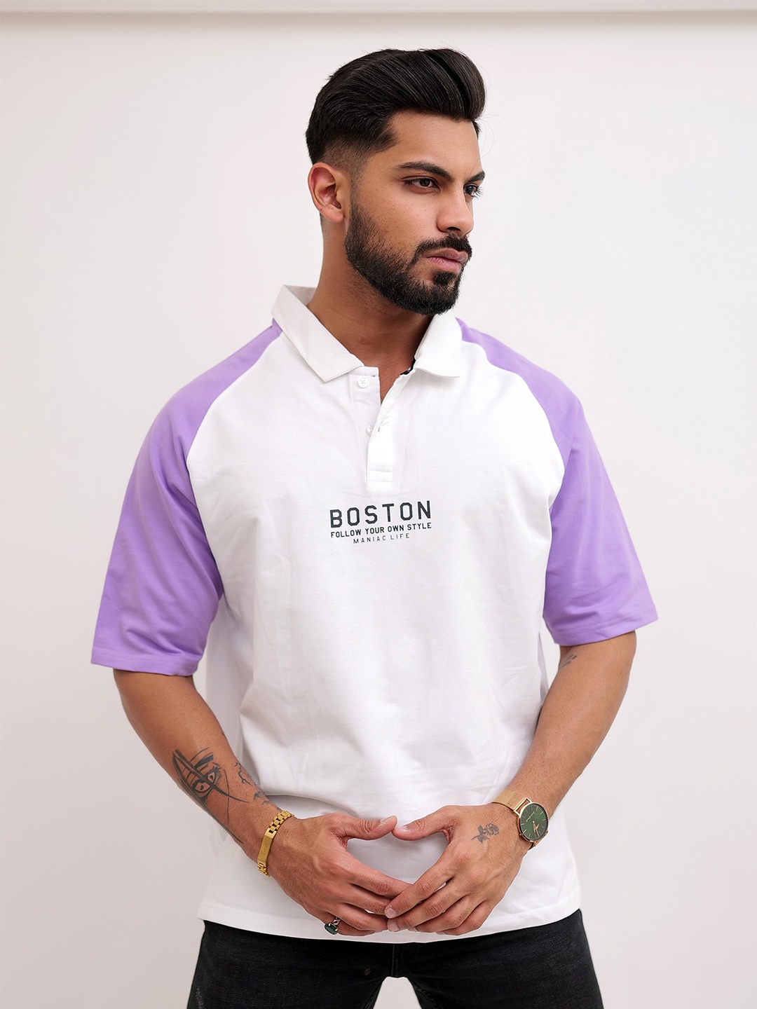 Maniac Men Typography Polo Collar Raw Edge T-shirt, Purple