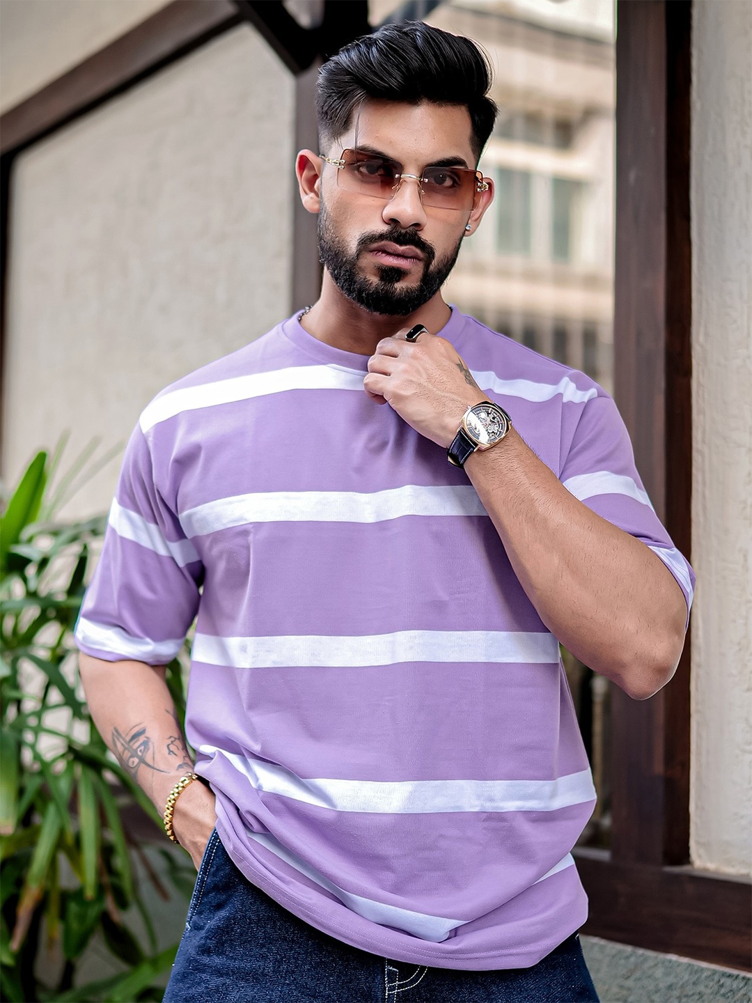 

Maniac Striped Drop-Shoulder Sleeves Cotton Oversized T-shirt, Lavender