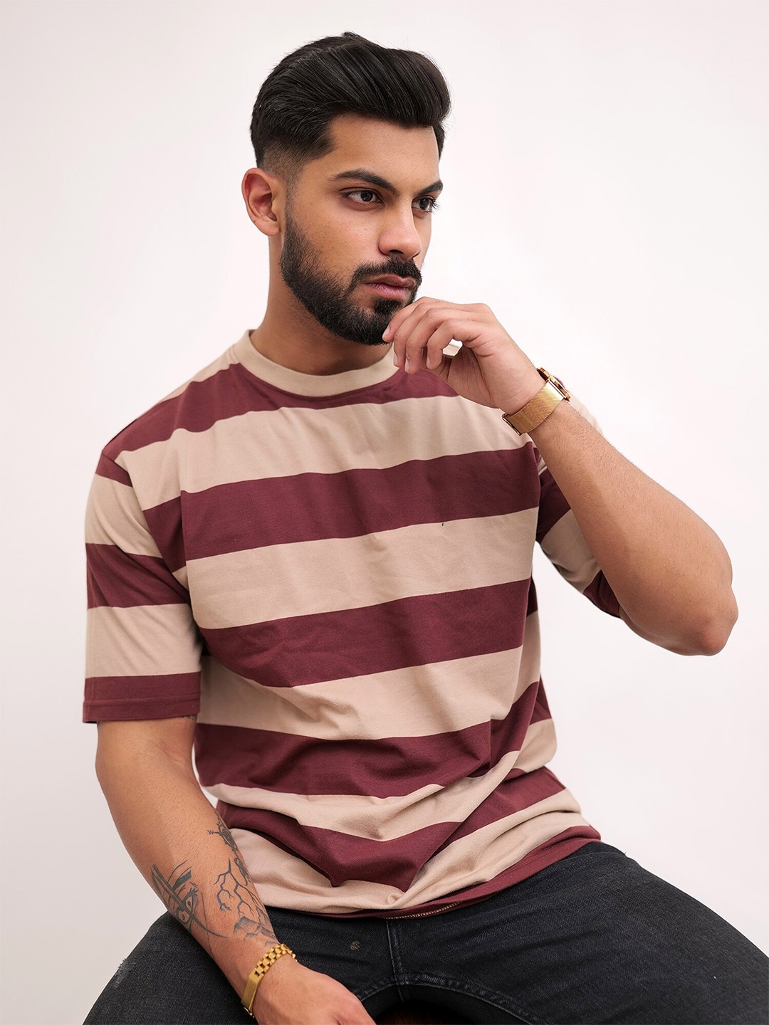 

Maniac Men Striped Drop-Shoulder Sleeves Pockets T-shirt, Brown