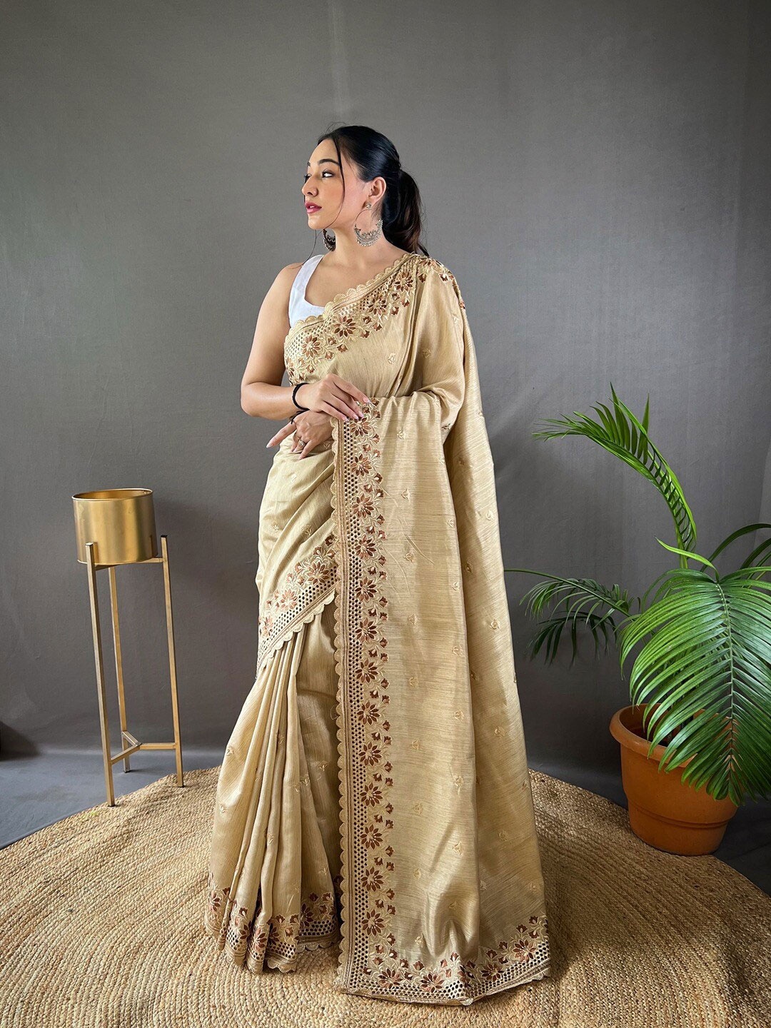 

SGF11 Embellished Embroidered Tussar Saree, Beige