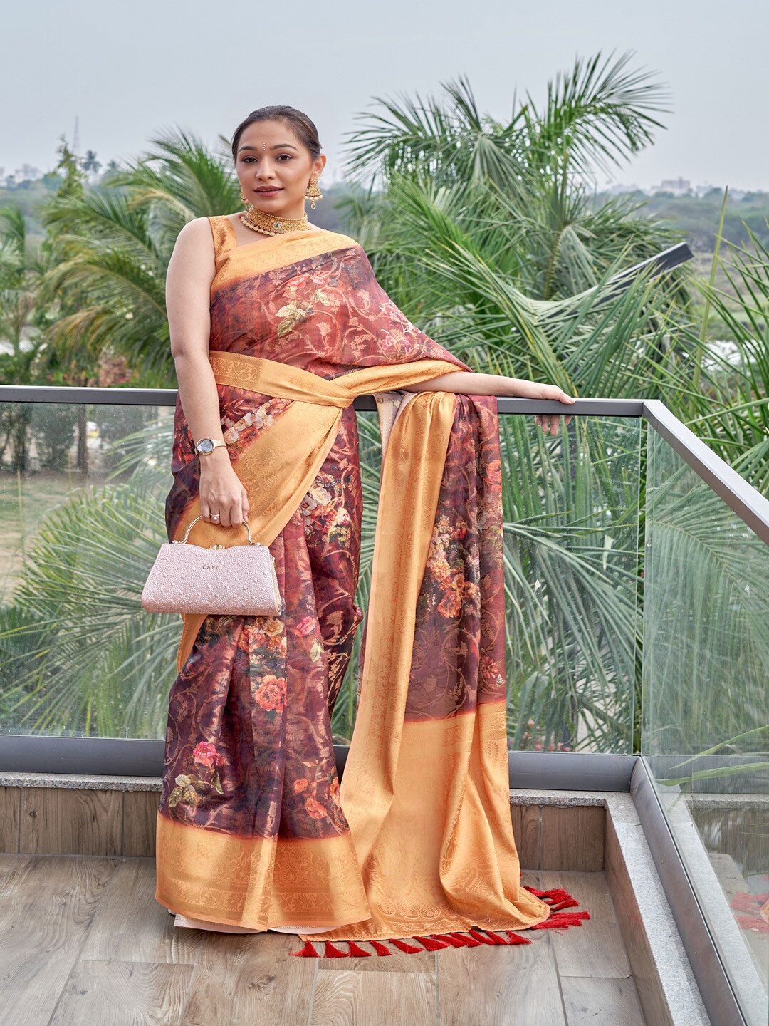 

SGF11 Floral Woven Design Zari Organza Saree, Brown
