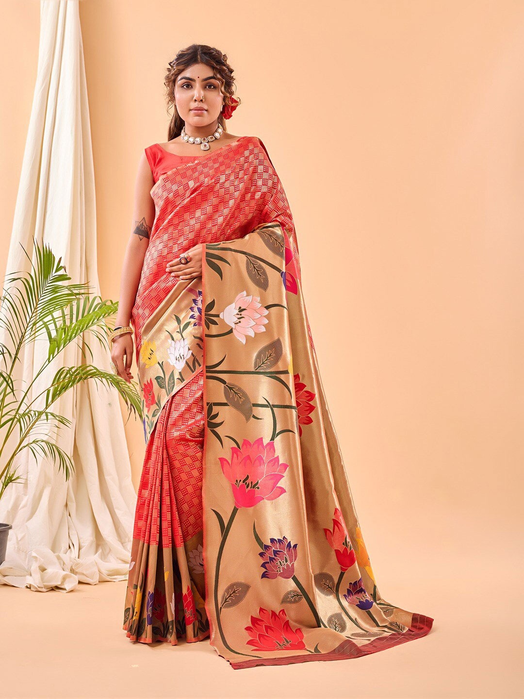 

SGF11 Floral Woven Design Zari Art Silk Banarasi Saree, Red