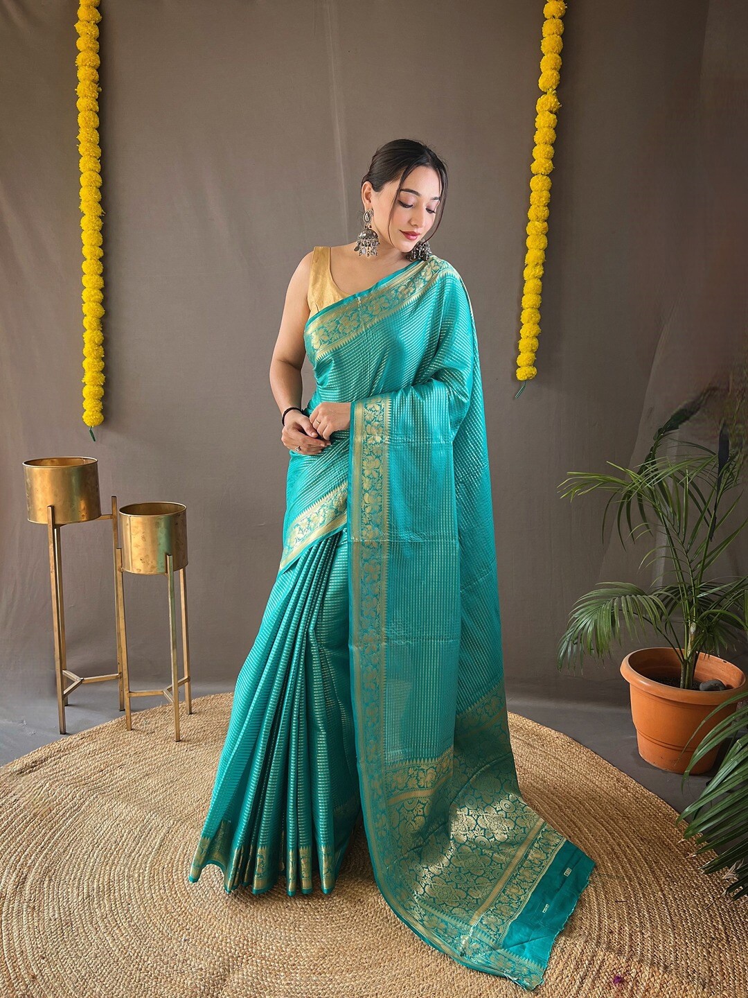 

SGF11 Ethnic Motifs Woven Design Phulkari Art Silk Kanjeevaram Saree, Blue