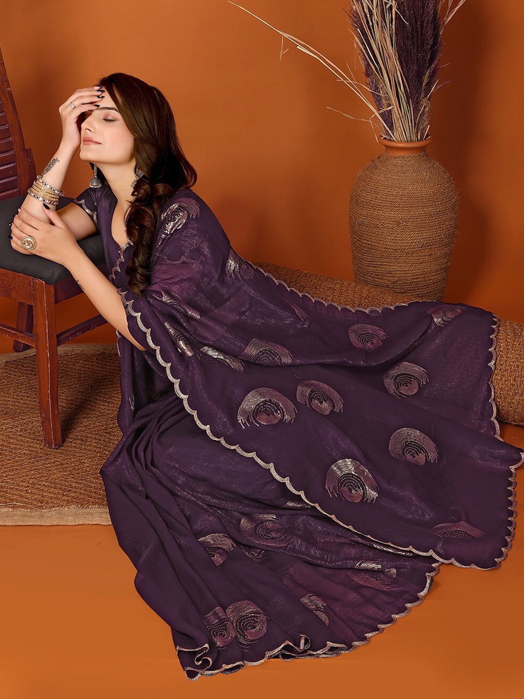 

FABMORA Embellished Sequinned Tissue Saree, Purple