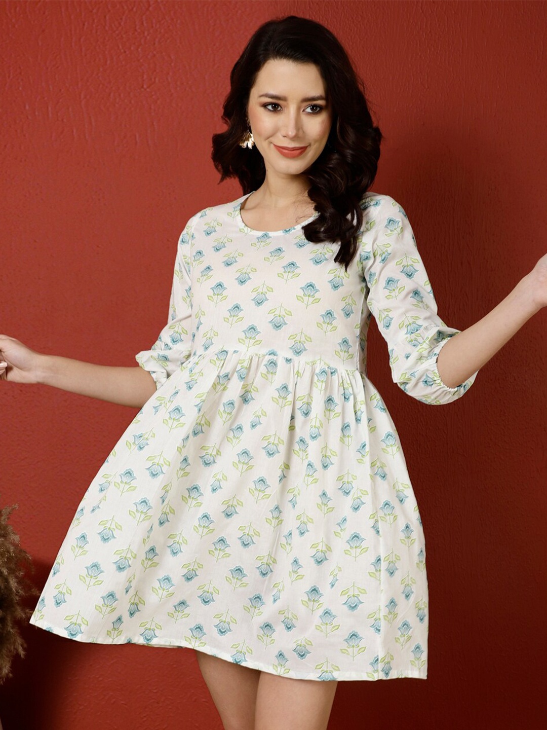 

antaran Ethnic Motifs Printed Puff Sleeves Gathered Detailed Cotton Fit & Flare Dress, White