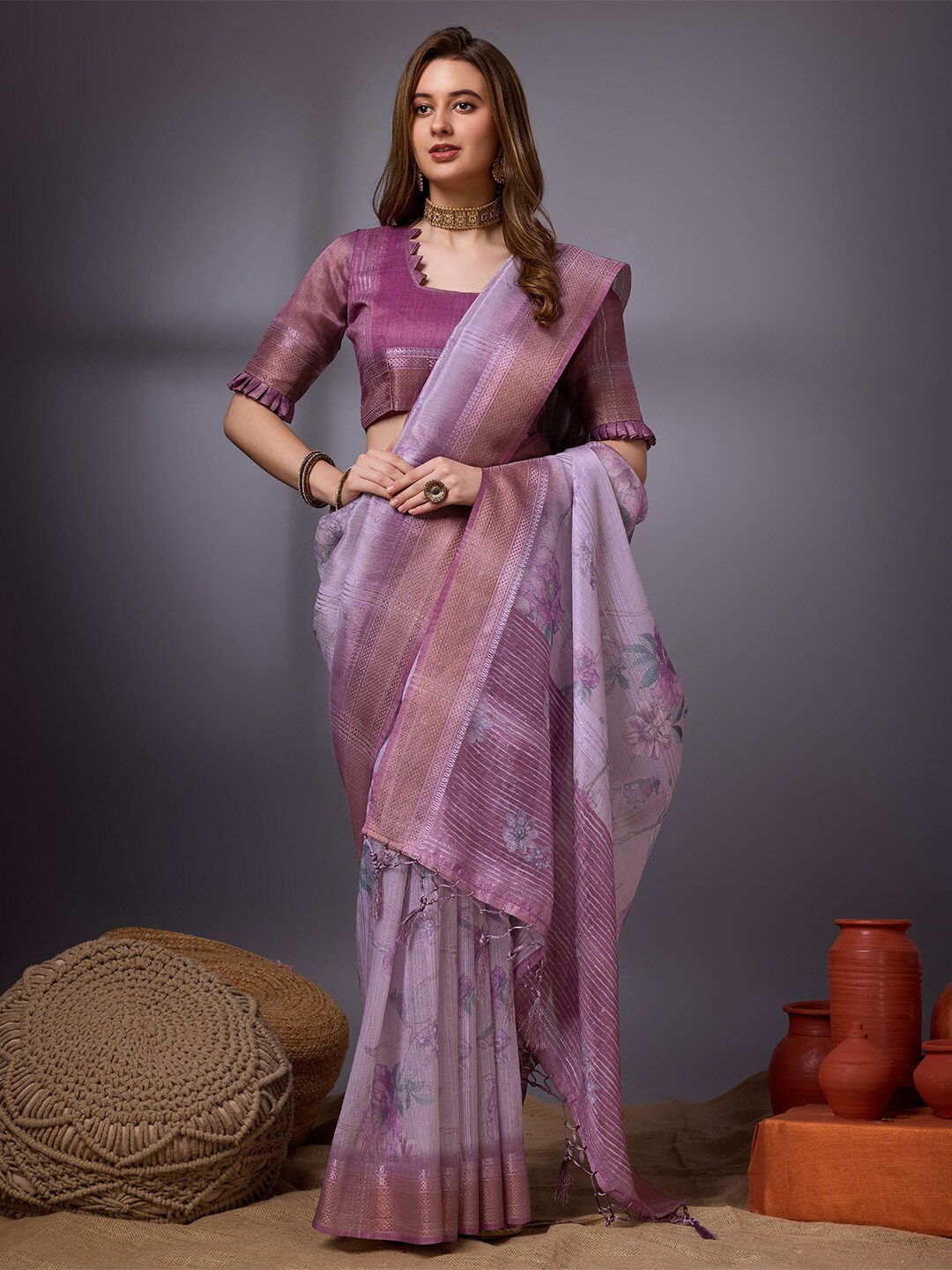 

Ishin Floral Printed Zari Organza Designer Saree, Purple