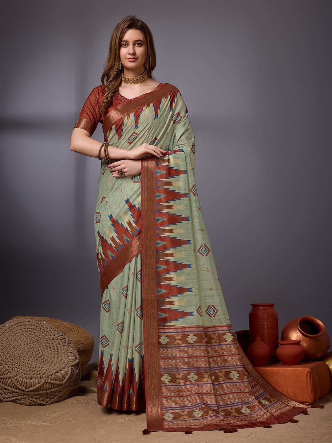 

Ishin Geometric Printed Zari Silk Cotton Saree, Sea green