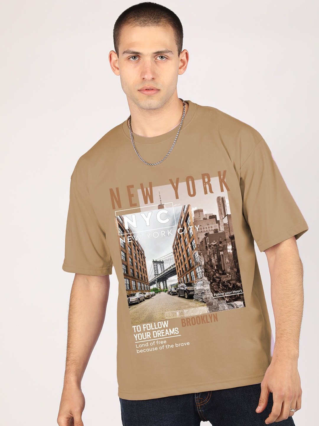 

CHKOKKO Men Printed V-Neck Raw Edge T-shirt, Khaki