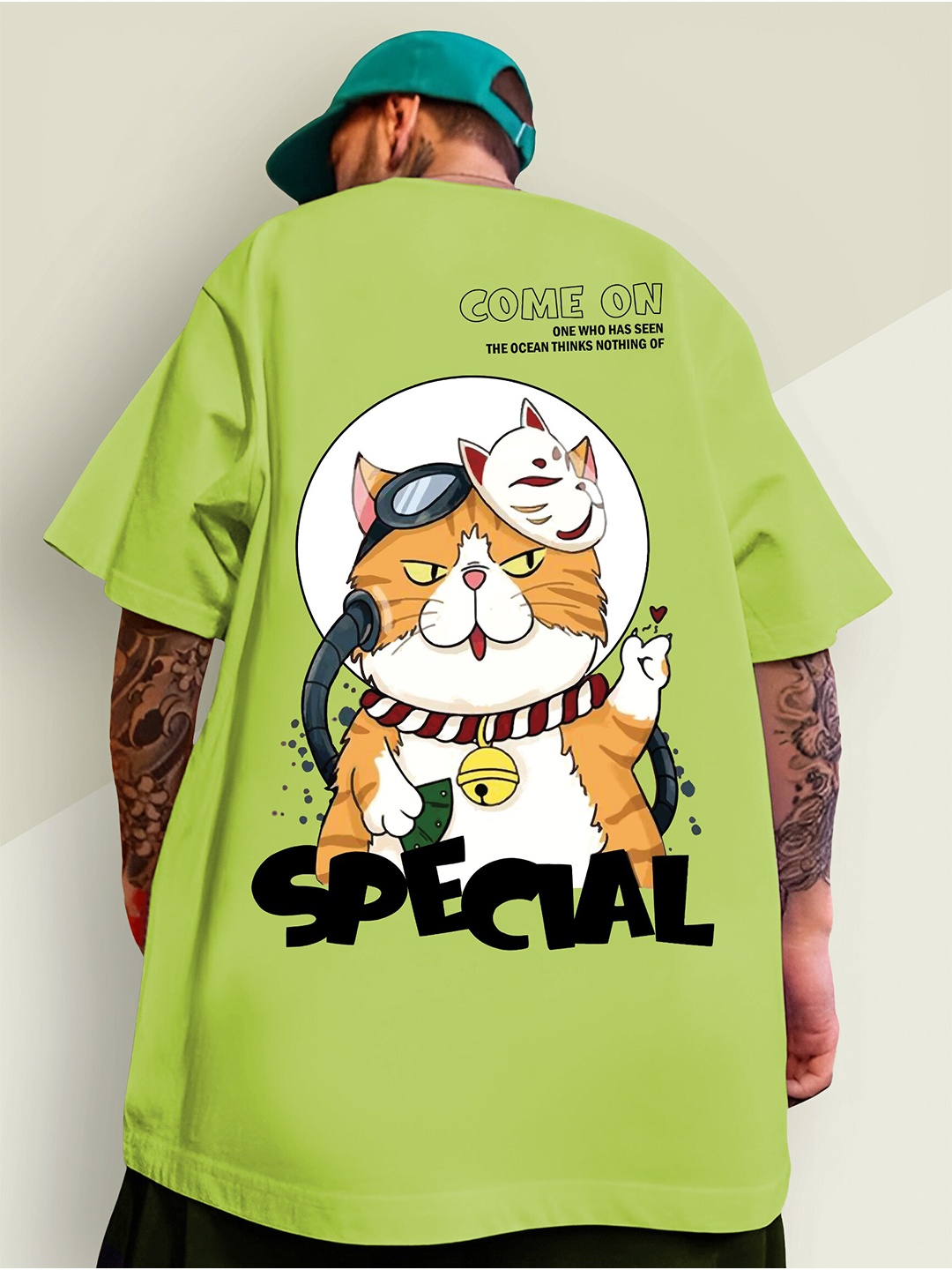 

CHKOKKO Graphic Printed Cotton Round Neck Oversized Applique T-shirt, Green