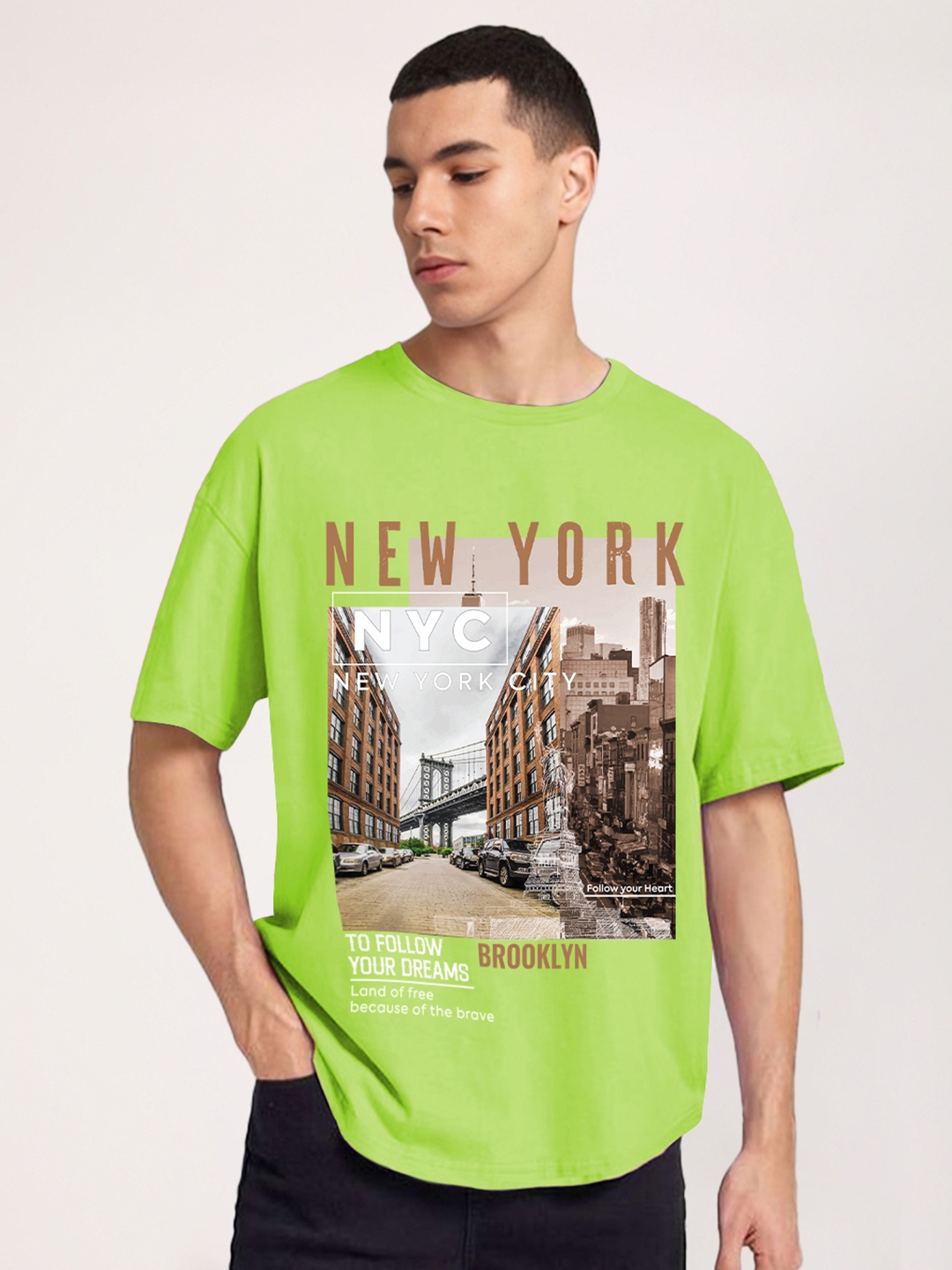 CHKOKKO Graphic Printed Cotton Round Neck Oversized Casual T-shirt, Green