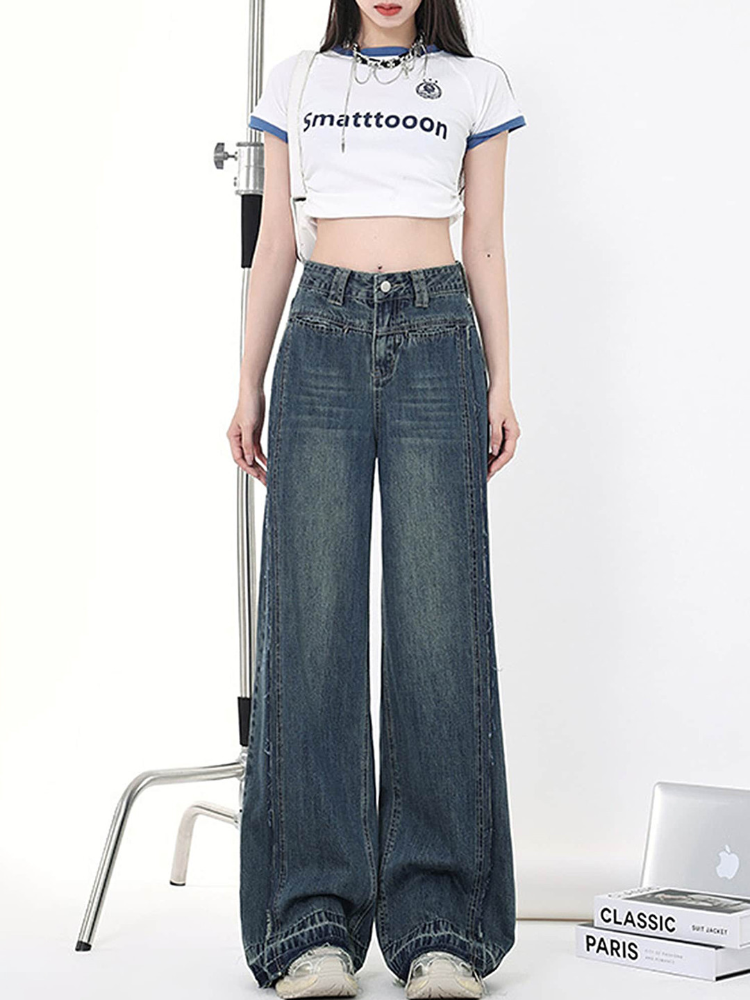

LULU & SKY Women Wide Leg High-Rise Clean Look Light Fade Stretchable Jeans, Blue