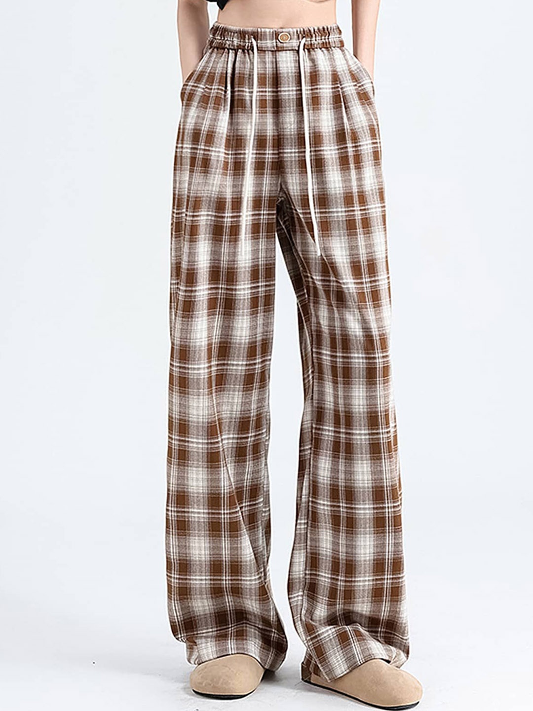 

LULU & SKY Women Checked High-Rise Loose Fit Trousers, Khaki