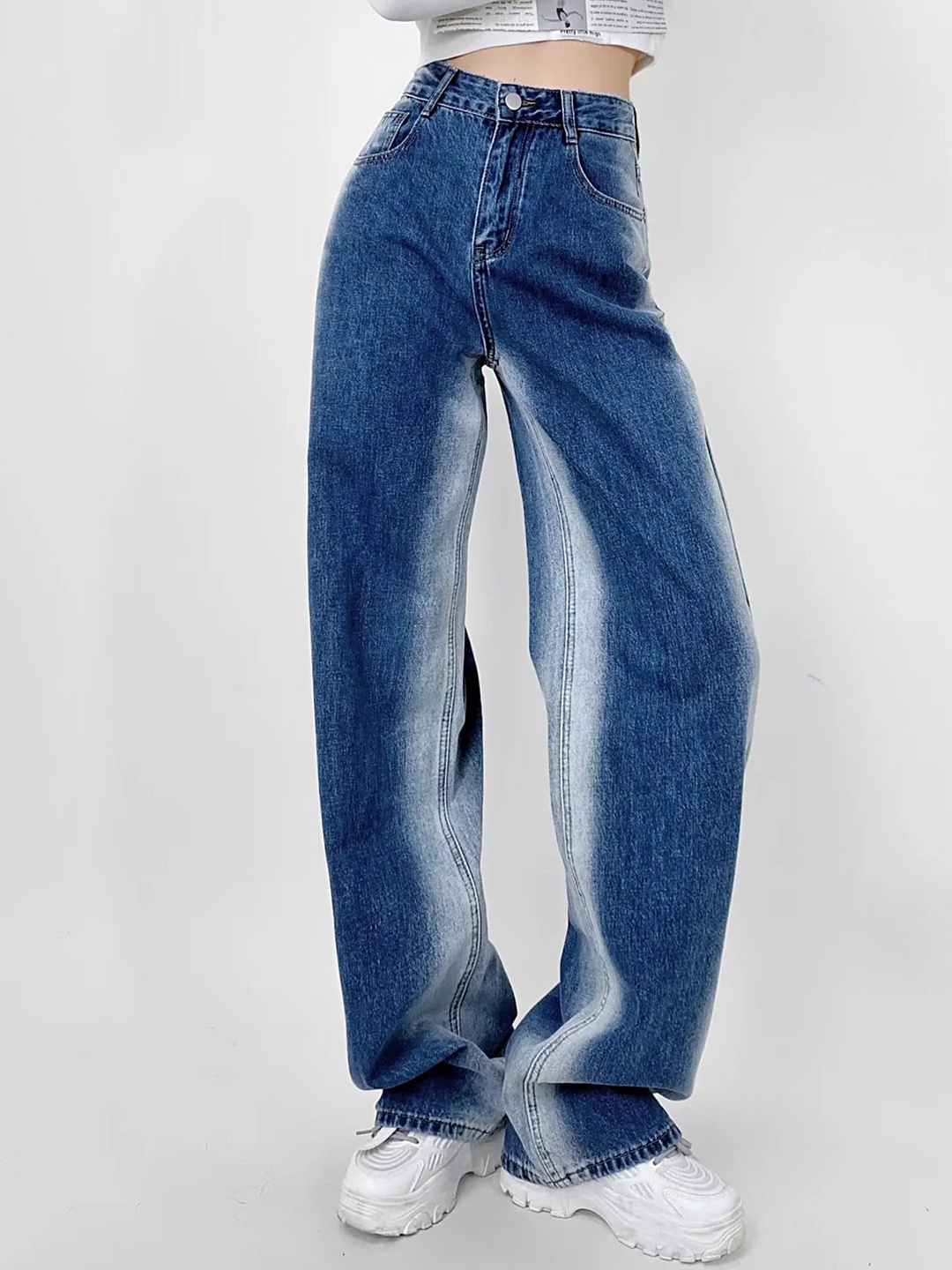 

LULU & SKY Women Straight Fit High-Rise Low Distress Heavy Fade Jeans, Blue