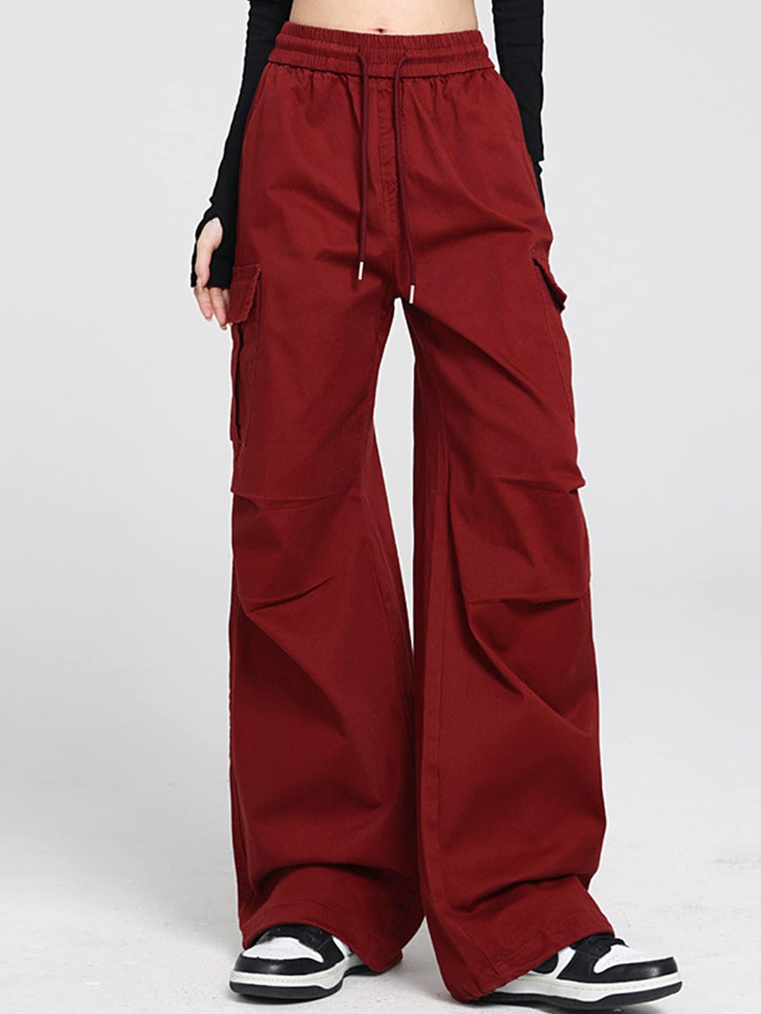 

LULU & SKY Women Loose Fit High-Rise Trousers, Burgundy