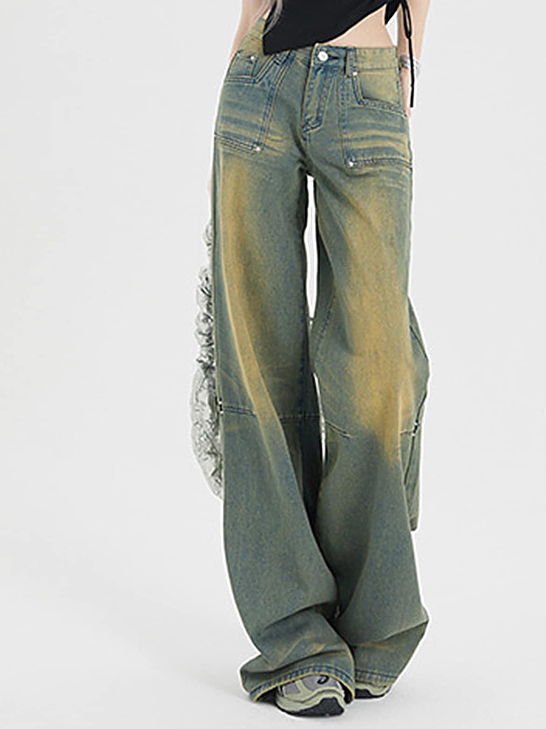 

LULU & SKY Women Wide Leg Low-Rise Low Distress Jeans, Green