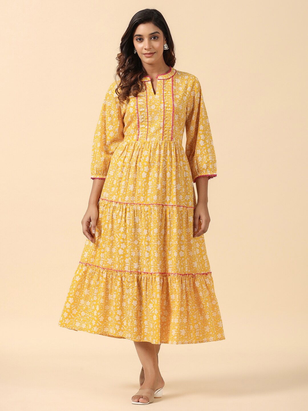 

SAVI Women Cotton Floral Printed Mandarin Collar A-Line Midi Dress, Yellow