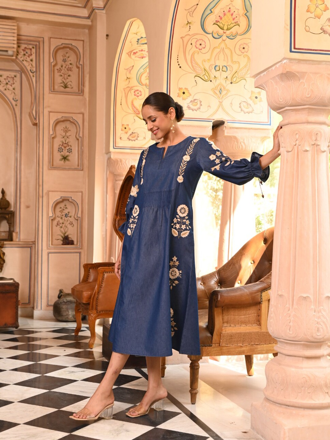 

SAVI Women Ethnic Motifs Embroidered A-Line Dress, Blue