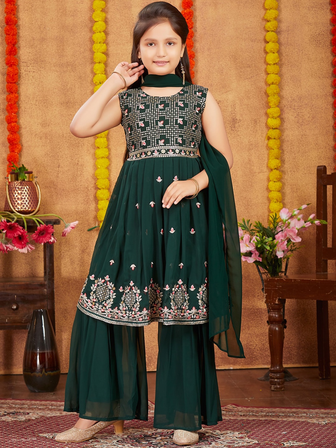 

Aarika Girls Floral Embroidered Empire Thread Work Kurta With Sharara & Dupatta, Green