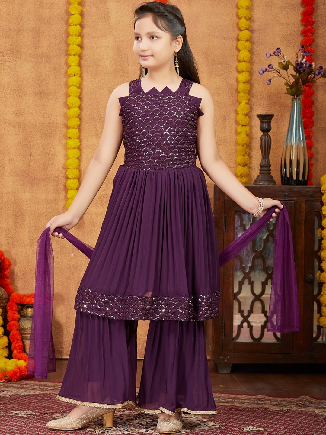 

Aarika Girls Floral Yoke Design Regular Kurta With Sharara & Dupatta, Purple