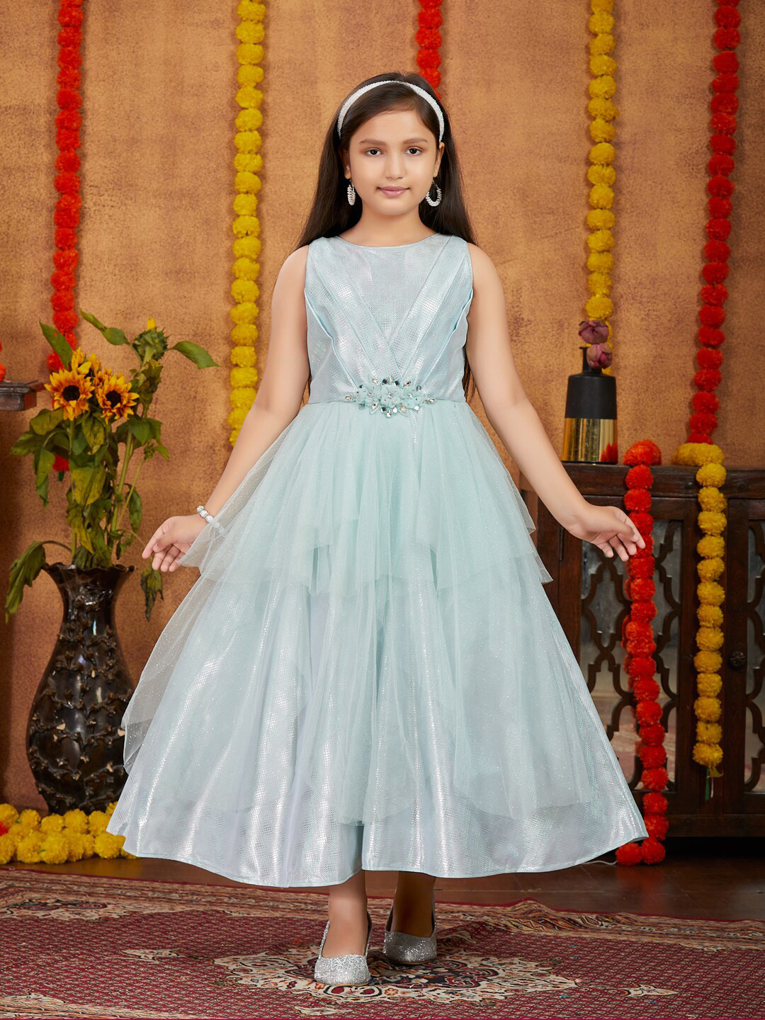

Aarika Girls Embellished Net Maxi Dress, Sea green