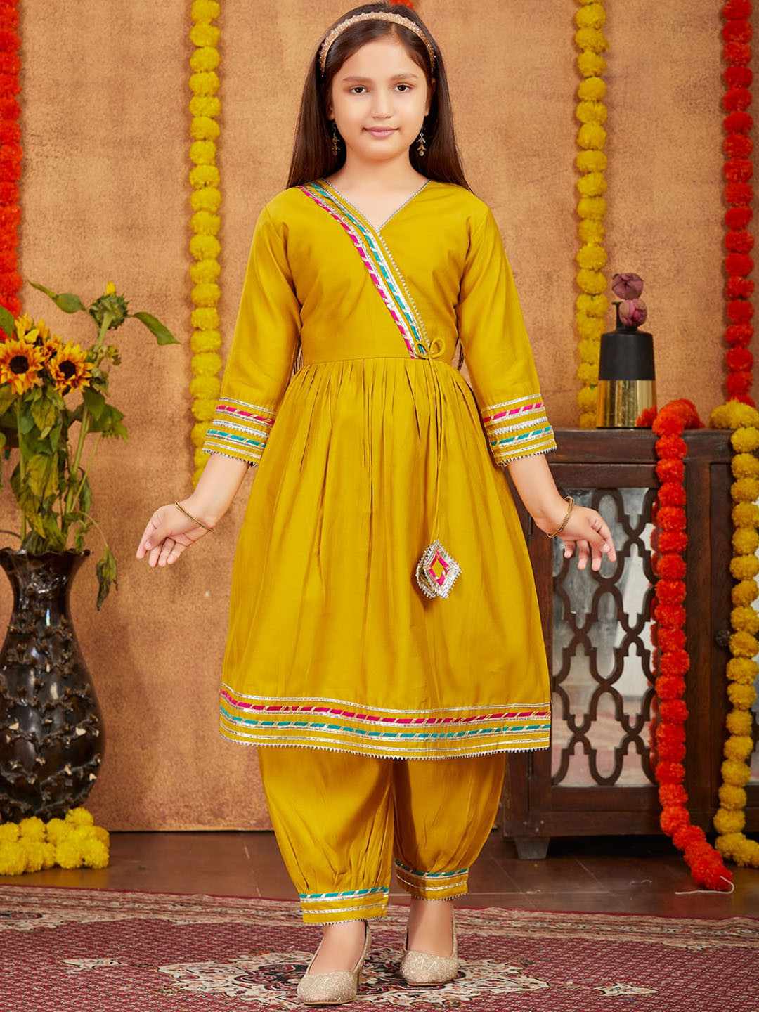 

Aarika Girls Angrakha Pure Silk Kurta with Trousers, Yellow