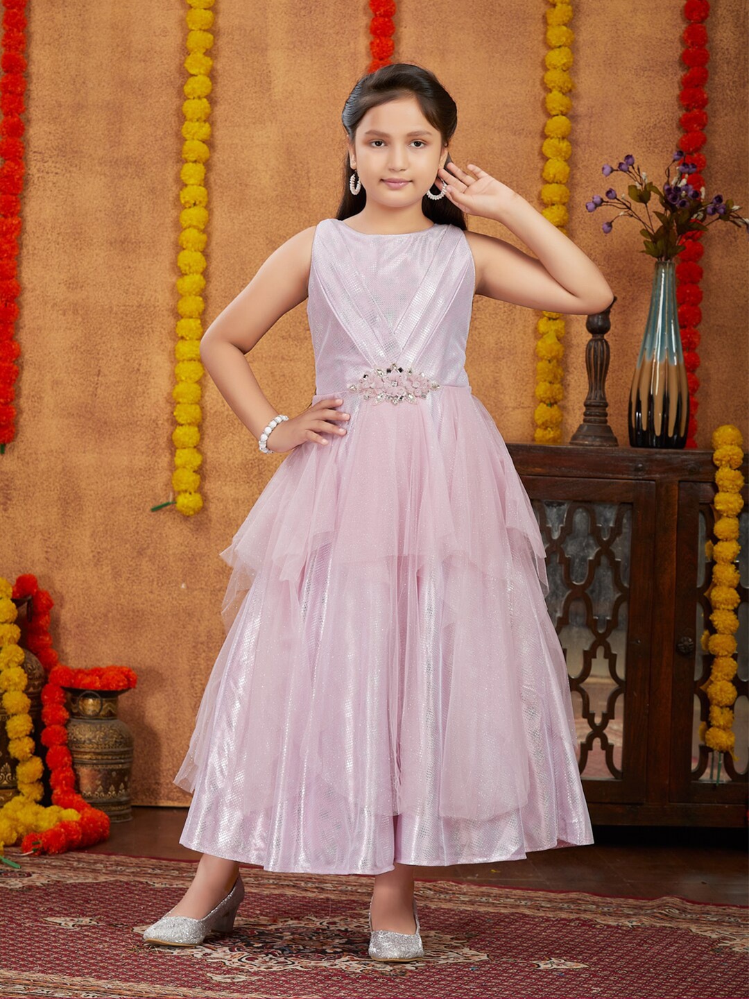 

Aarika Girls Tie-Ups Detail Net Maxi Dress, Pink