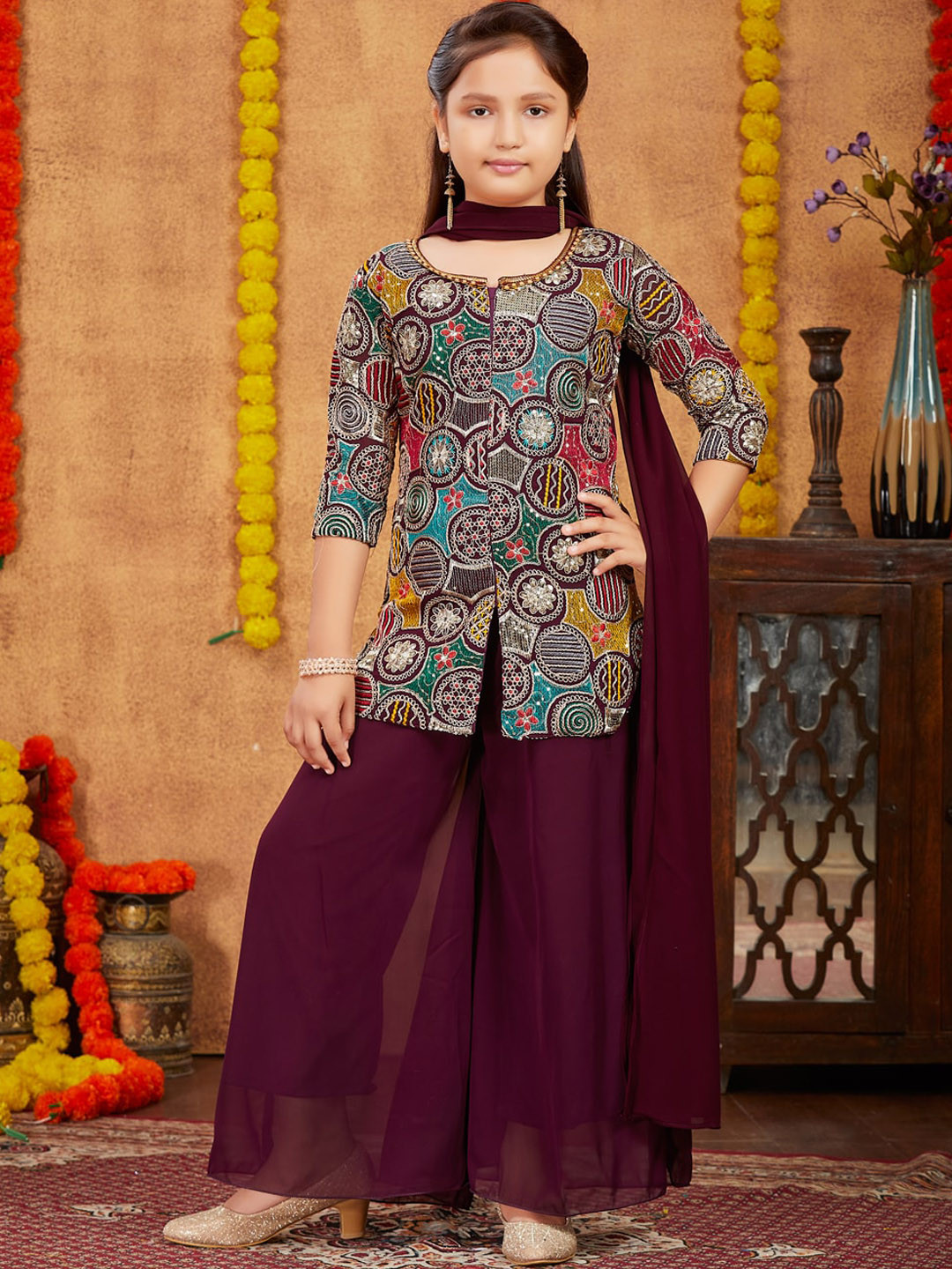 

Aarika Girls Ethnic Motifs Embroidered Regular Thread Work Kurta With Palazzos & Dupatta, Burgundy
