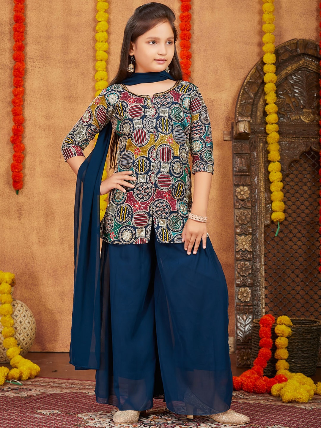 

BAESD Girls Ethnic Motifs Embroidered Georgette Thread Work Kurti With Palazzos & Dupatta, Teal