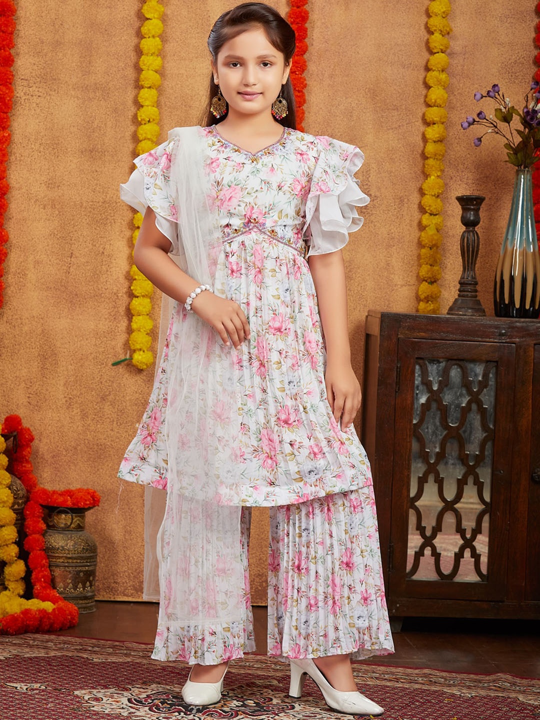 

BAESD Girls Ethnic Motifs Printed Thread Work Anarkali Kurta With Sharara & Dupatta, Pink