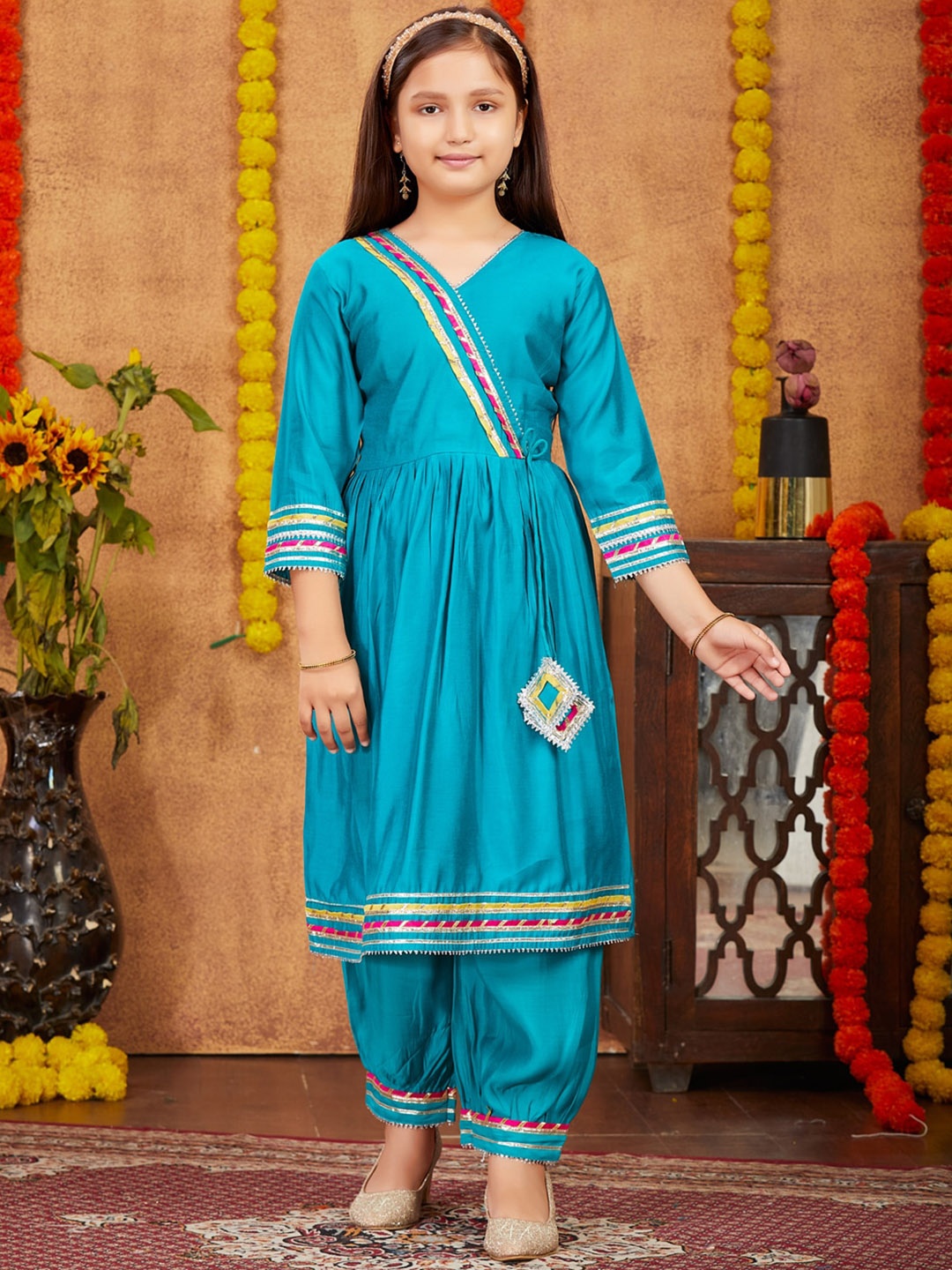 

BAESD Girls V-Neck Angrakha Gotta Patti Pure Silk Kurta with Patiala, Turquoise blue