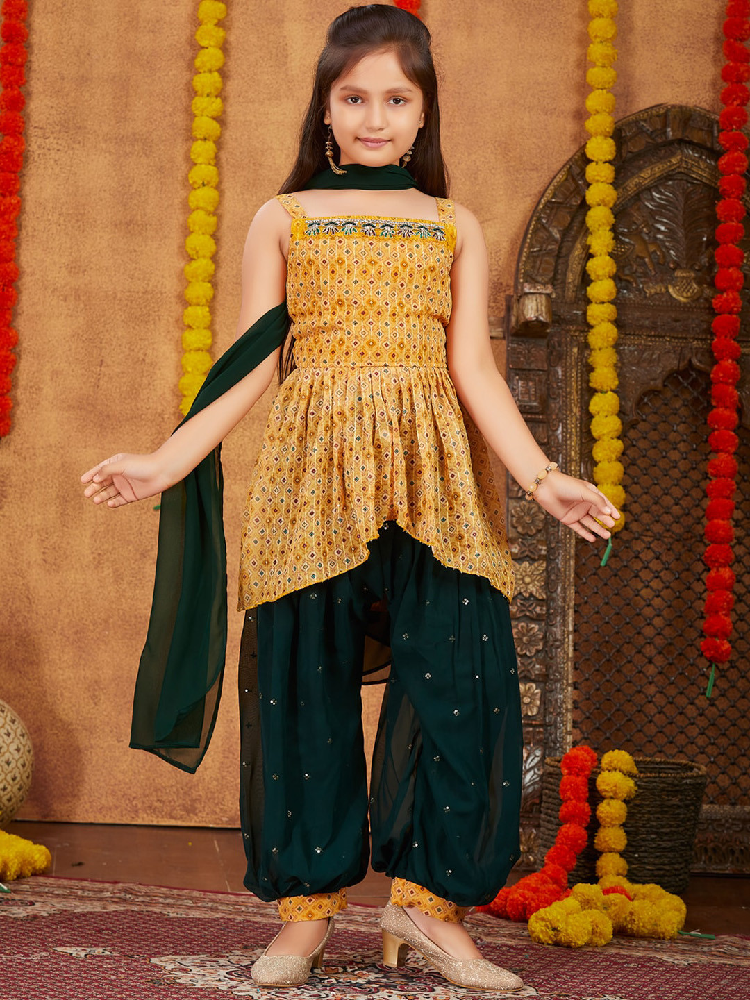 

BAESD Girls Ethnic Motifs Embroidered Pleated Anarkali Kurti With Patiala & Dupatta, Yellow