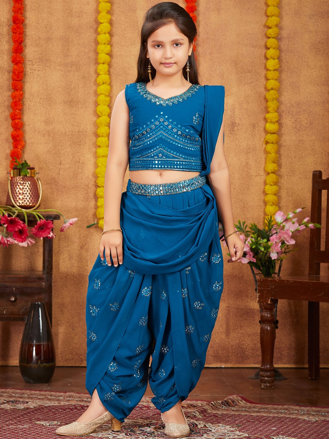 

BAESD Girls Sequin-Embroidered Round Neck Crop Top With Dhoti Pants & Dupatta, Teal
