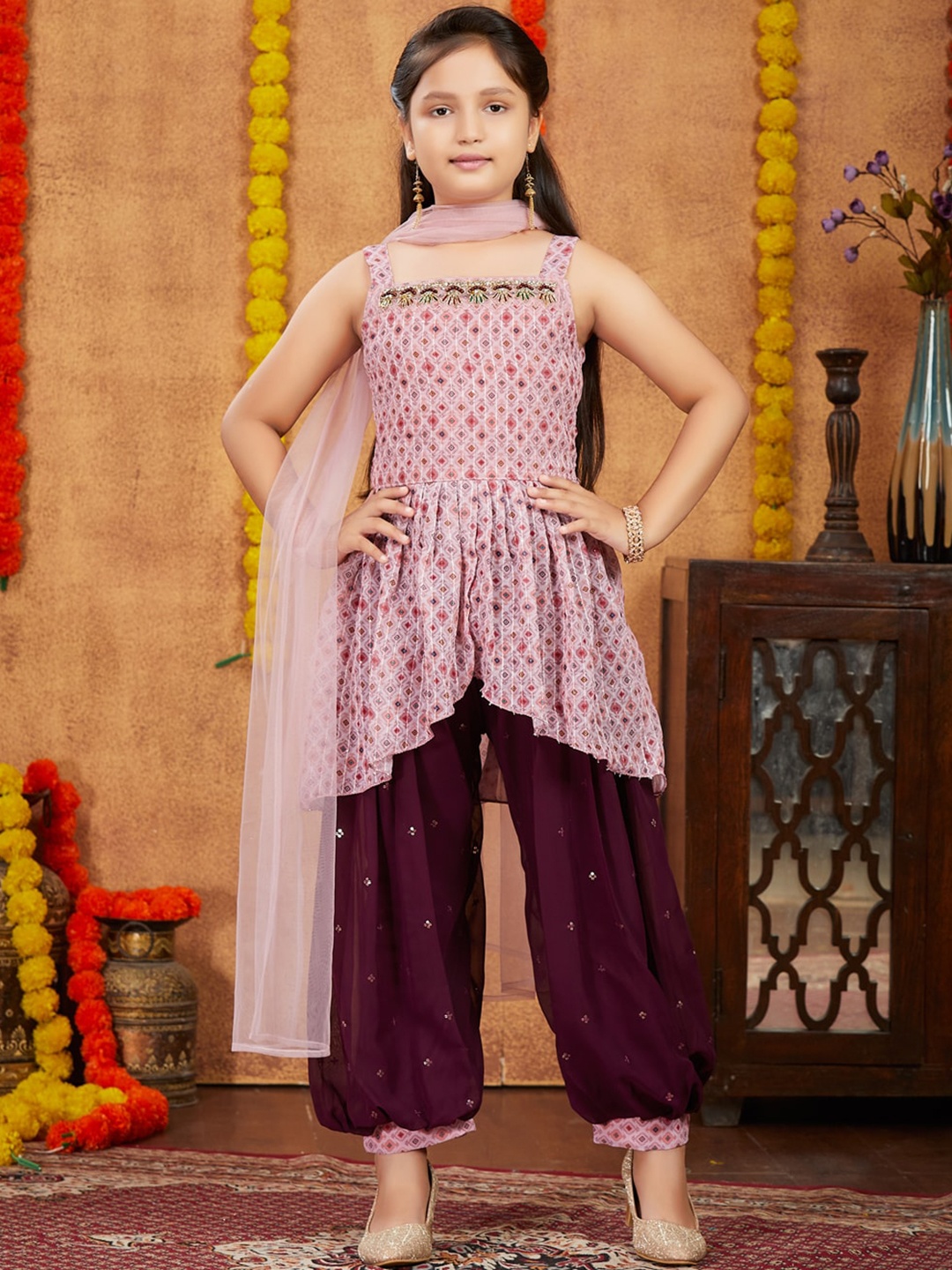 

BAESD Girls Ethnic Motifs Printed Empire Sequinned Kurta with Patiala & Dupatta, Peach