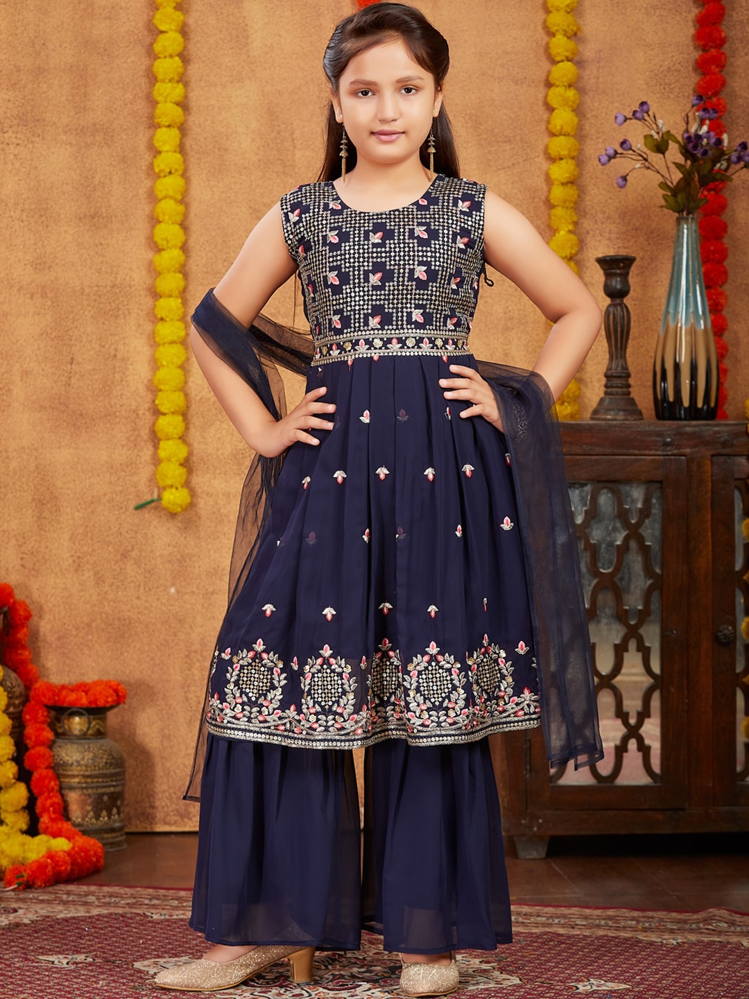 

BAESD Girls Floral Embroidered Kurti With Sharara & Dupatta, Navy blue