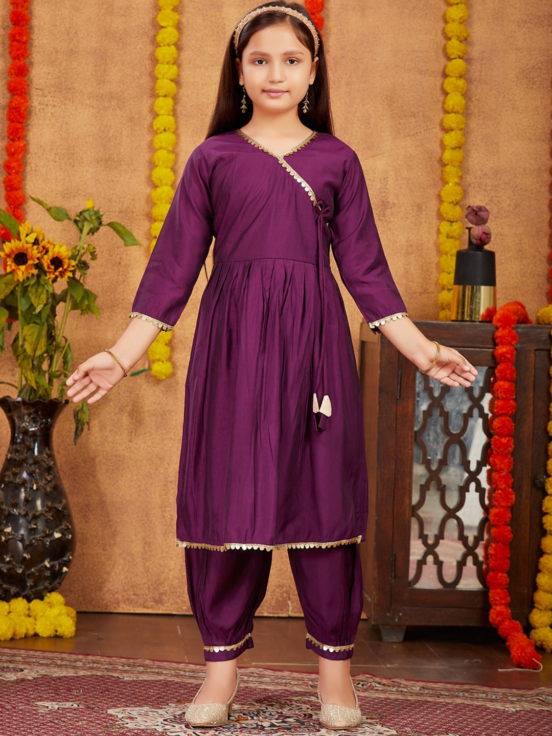 

BAESD Girls V-Neck Curved Pure Silk A-Line Kurta with Patiala, Purple