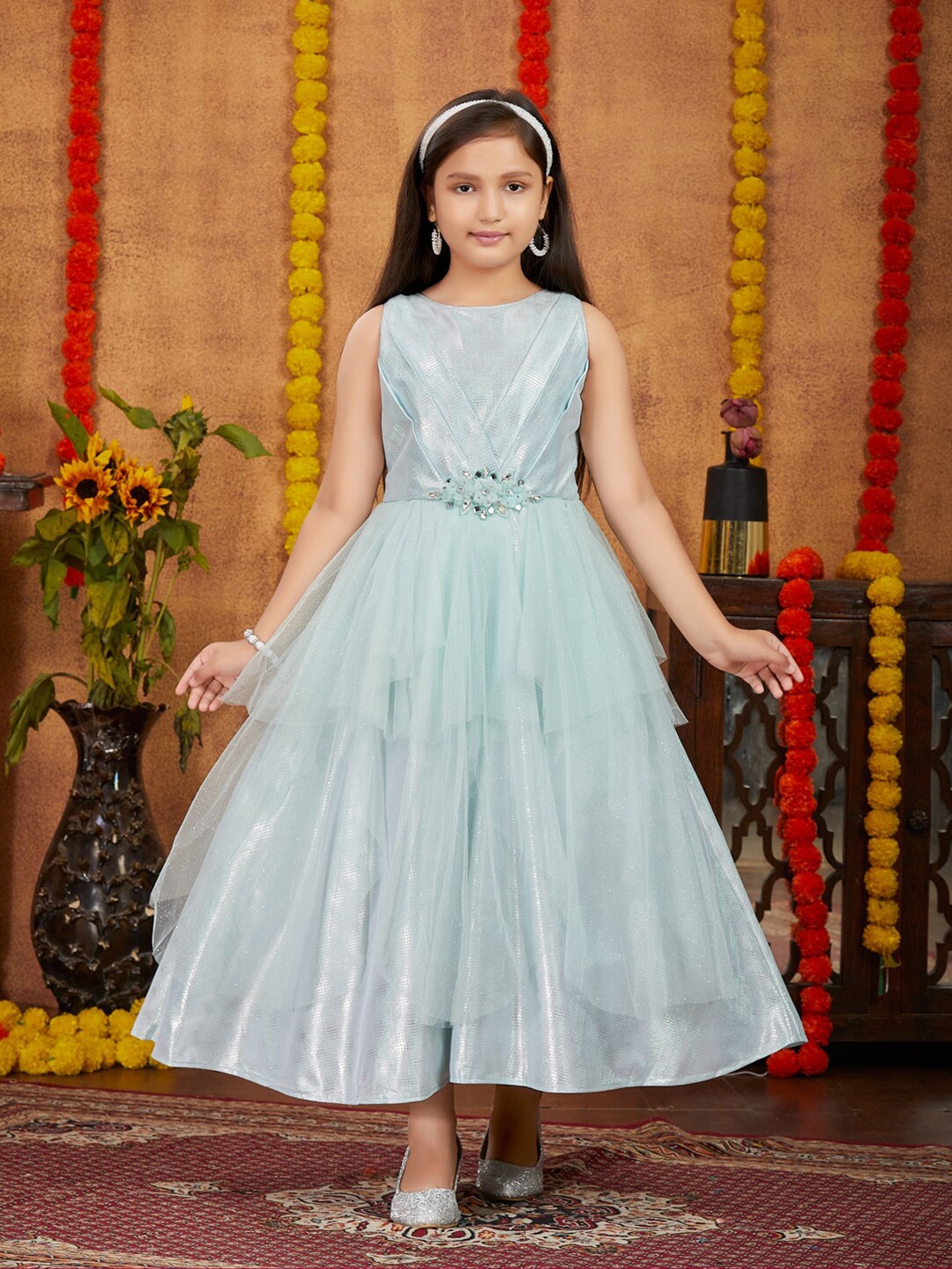 

BAESD Girls Embellished Net Maxi Dress, Sea green
