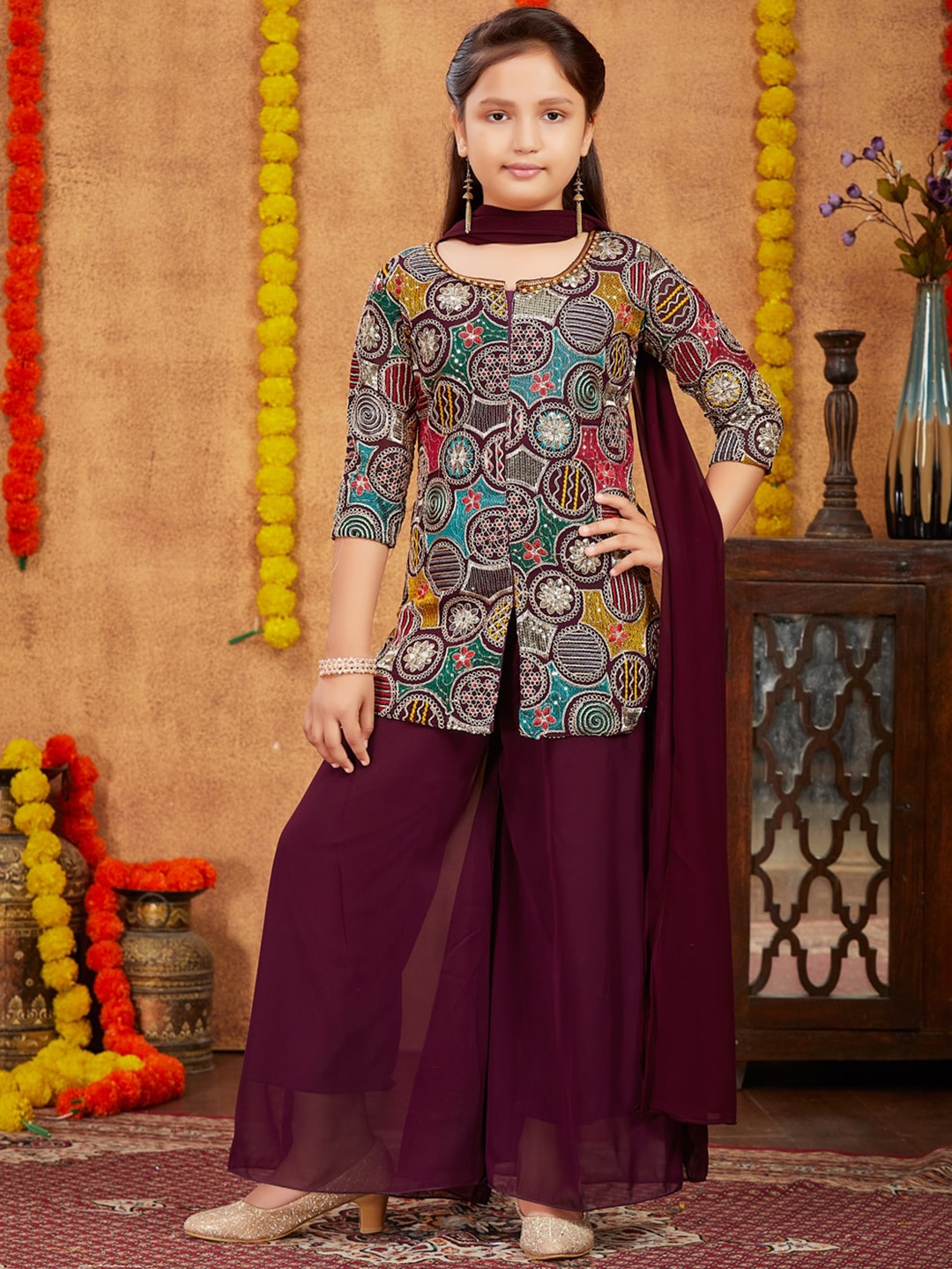 

BAESD Girls Ethnic Motifs Embroidered Georgette Straight Kurti With Sharara & Dupatta, Burgundy