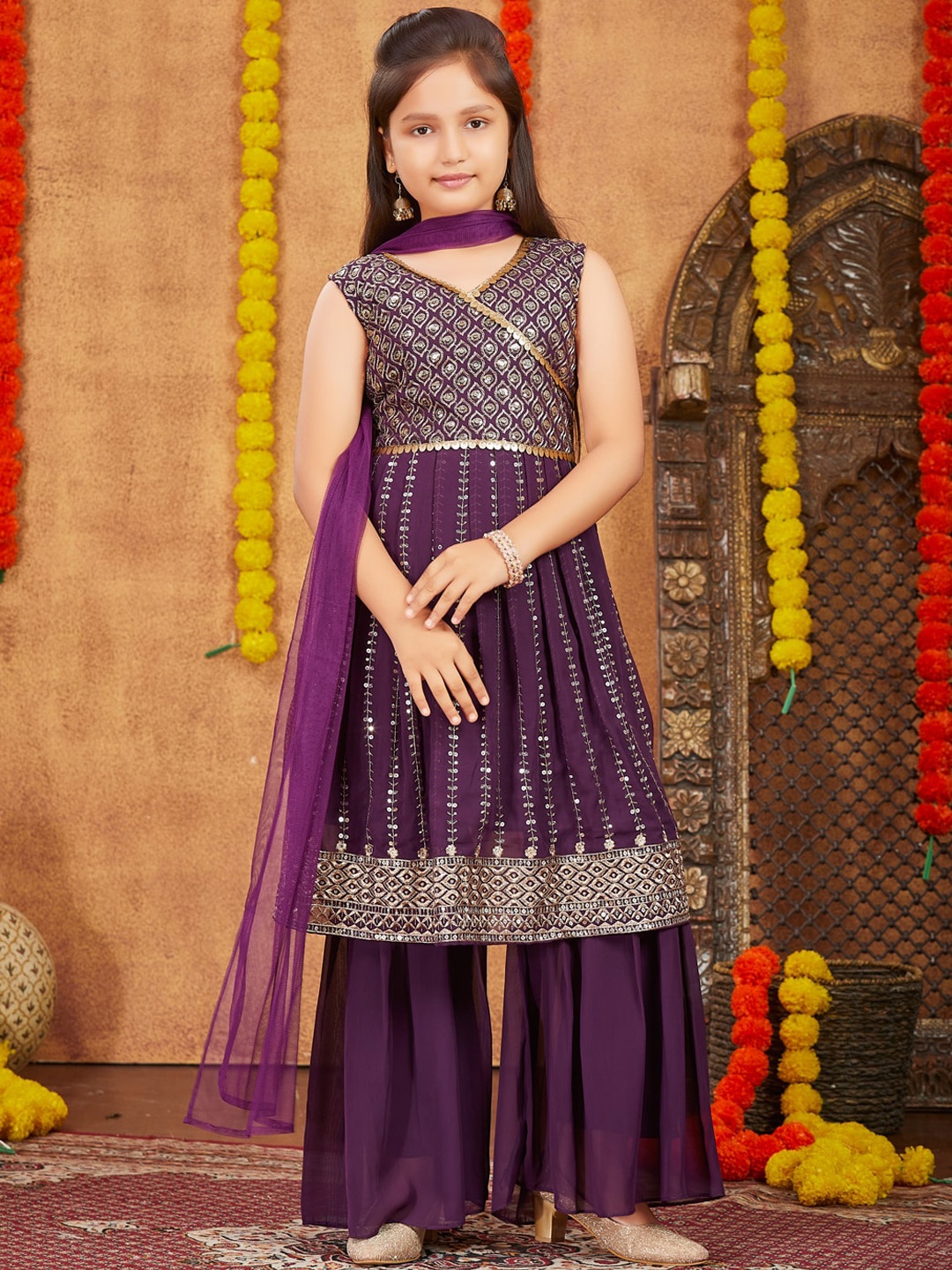 

BAESD Girls Ethnic Motifs Embroidered Empire Sequinned A-Line Kurti With Sharara & Dupatta, Purple