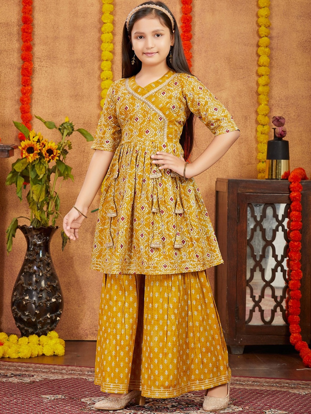 

BAESD Girls Ethnic Motifs Printed V-Neck Gotta Patti Pure Cotton A-Line Kurta With Sharara, Mustard