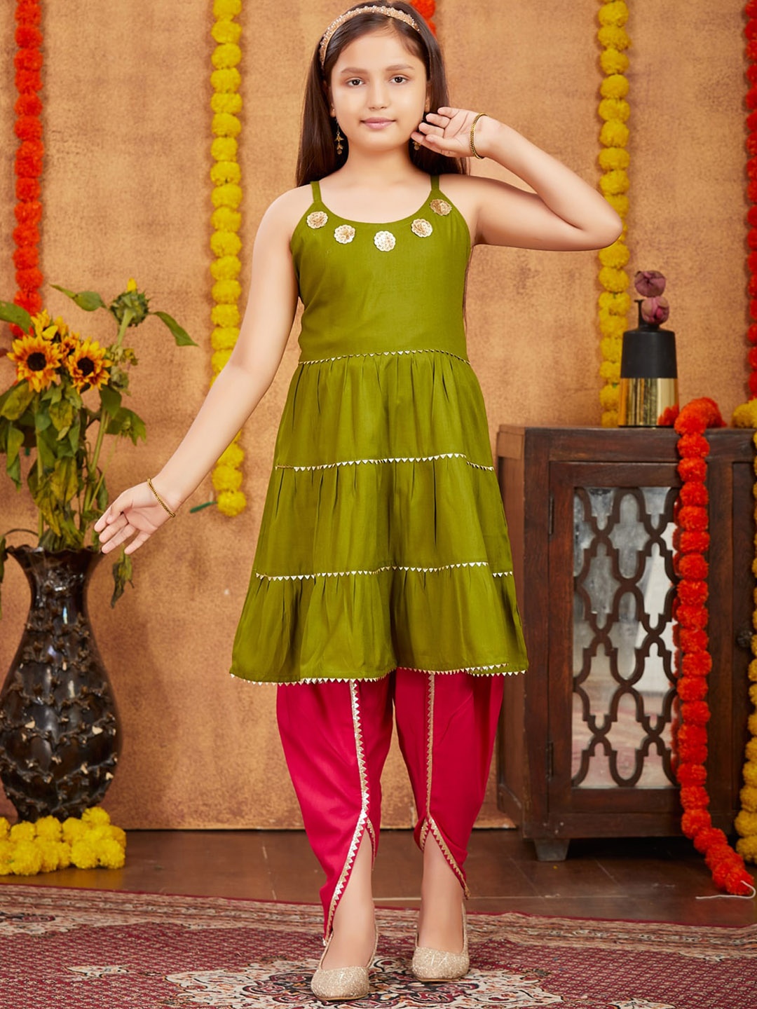 

BAESD Girls Empire Gotta Patti Flared A-Line Kurta With Dhoti Pant, Olive