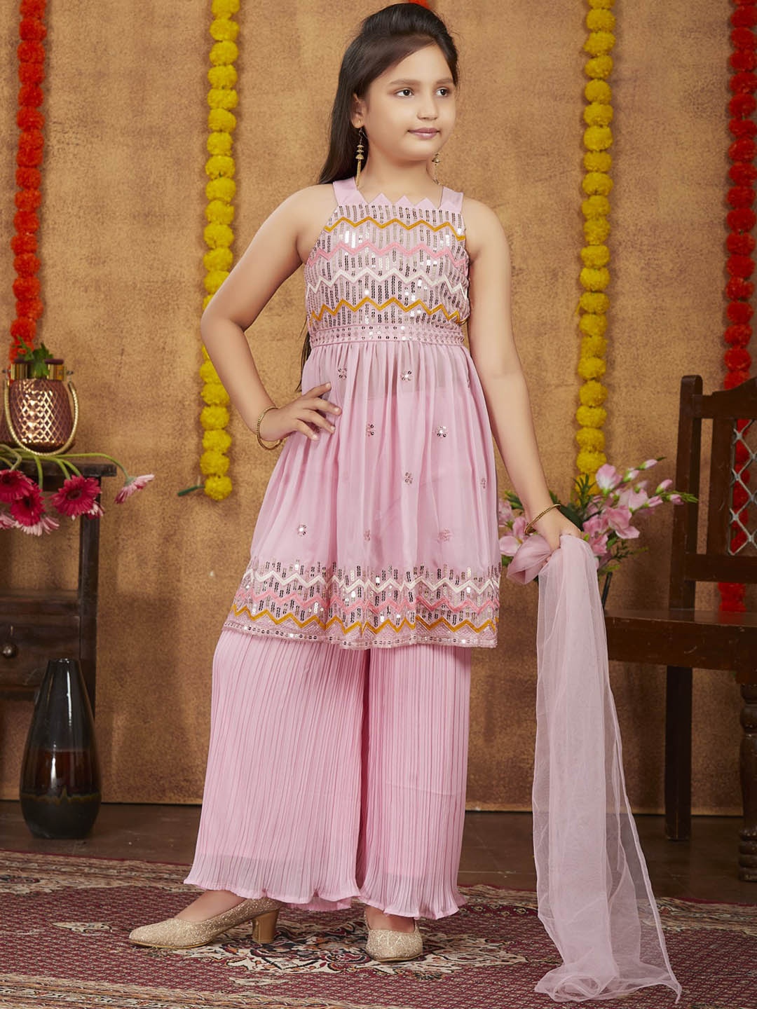 

BAESD Girls Embroidered Sequinned A-Line Kurta With Sharara & Dupatta, Pink