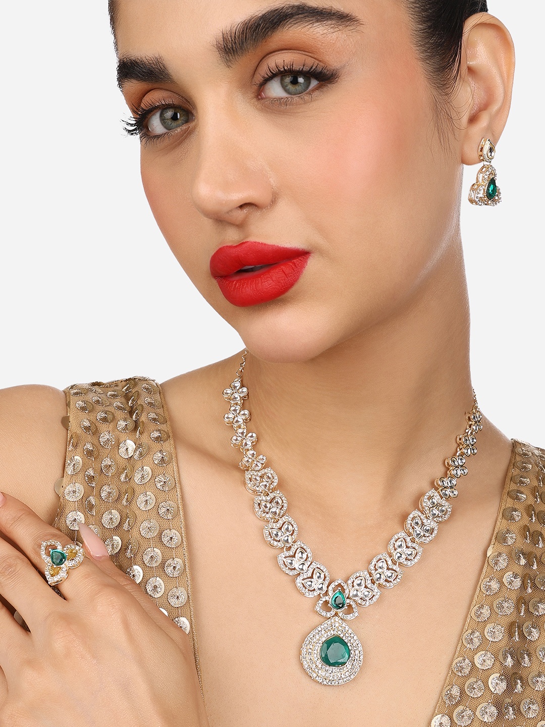 

Zaveri Pearls Gold-Plated Austrian Diamond & Kundan Studded Jewellery Set