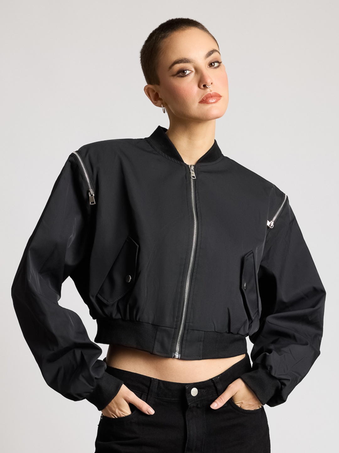 

FREAKINS Zip With Me Stand Collar Crop Bomber Jacket With Zip Detail, Black