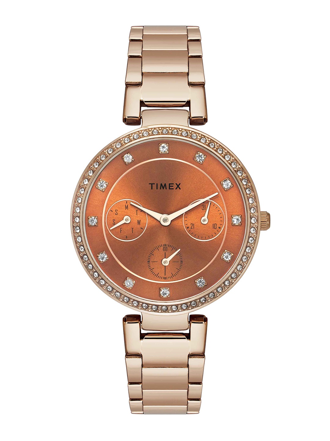 

Timex Women Brass Embellished Dial & Stainless Steel Bracelet Style Straps Analogue Watch TWEL18701, Orange